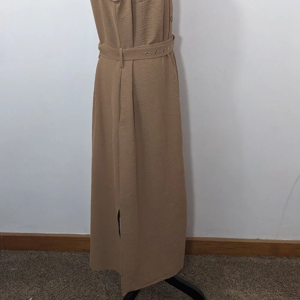 NWT Grace Karin Beige Sleeveless Summer Textured Midi Dress Belted Buttons XL - Picture 9 of 13